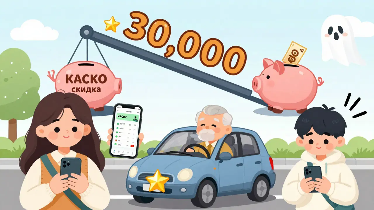 Семья водителей получает скидки за безопасное вождение, на экране телефона — статистика, кошелек наполняется деньгами.