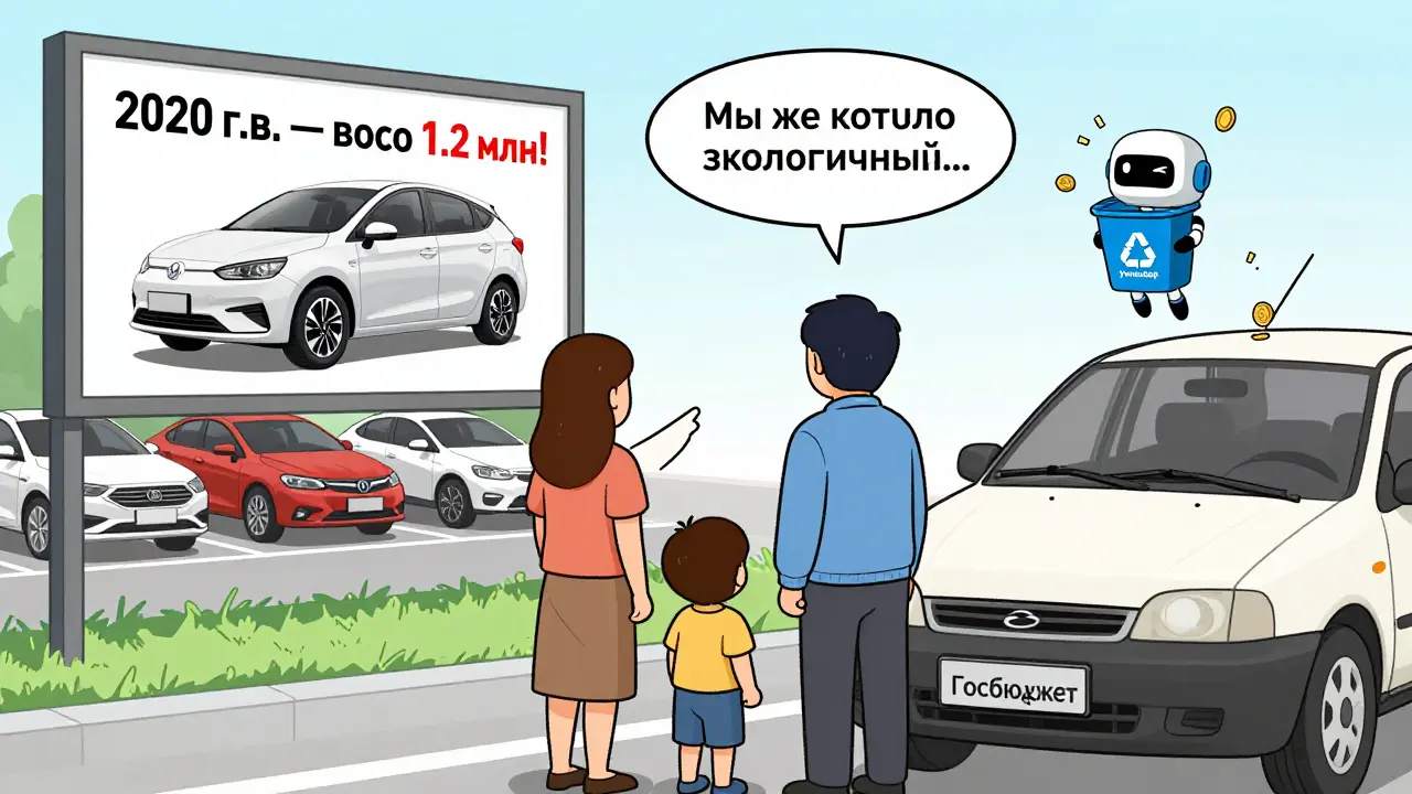 Семья выбирает между новым дорогим электромобилем и доступным подержанным авто на фоне рекламы утильсбора.