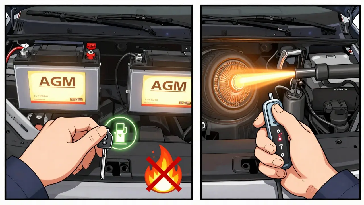 Схема правильного запуска двигателя на морозе: включение зажигания, работа стартера и использование AGM-аккумулятора.