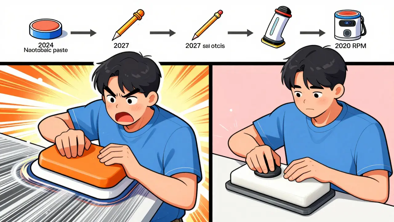 Сравнение неправильной и правильной полировки: слева — голограммы и паника, справа — гладкий блеск и спокойствие.