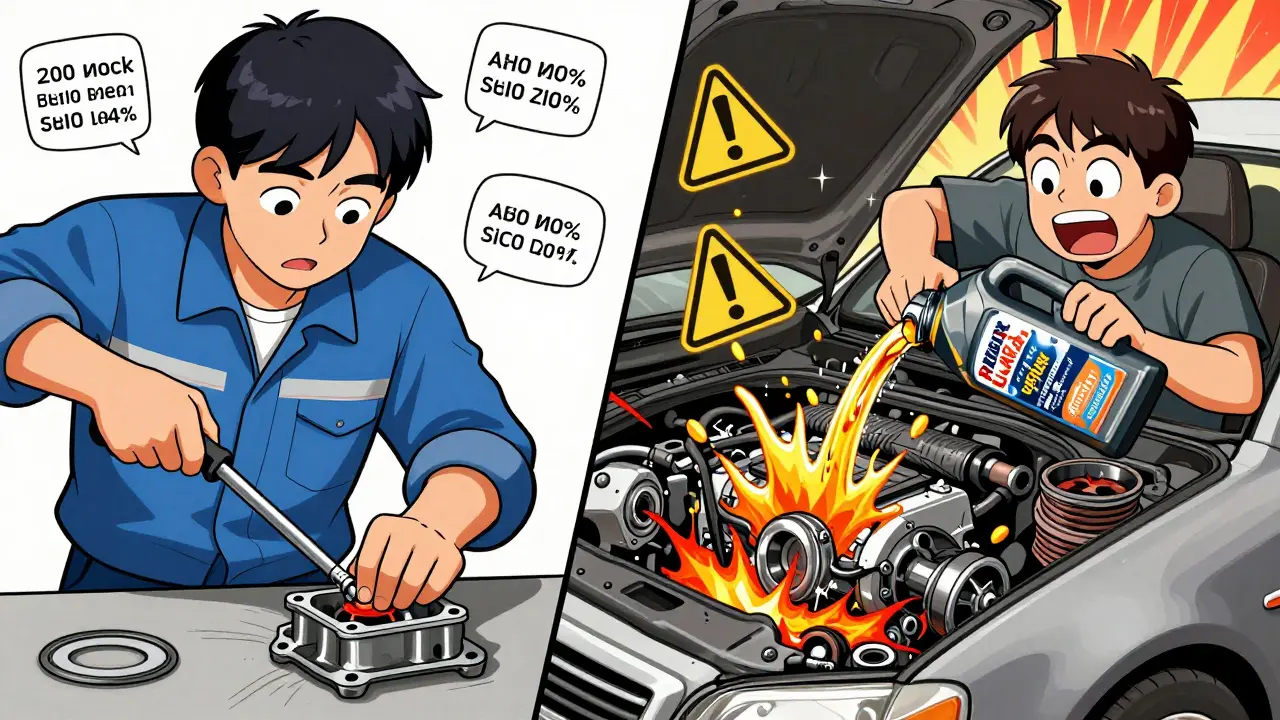 Сравнение: правильно заменённая прокладка с динамометрическим ключом слева и разрушение двигателя от дешёвой присадки справа.