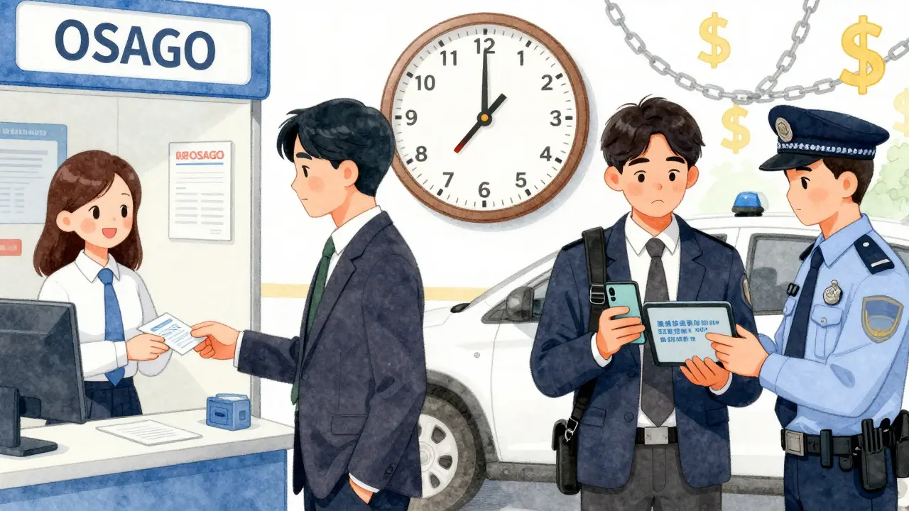 Сравнение спокойного оформления полиса ОСАГО и последующей остановки инспектором — с подсказкой о сроках действия.