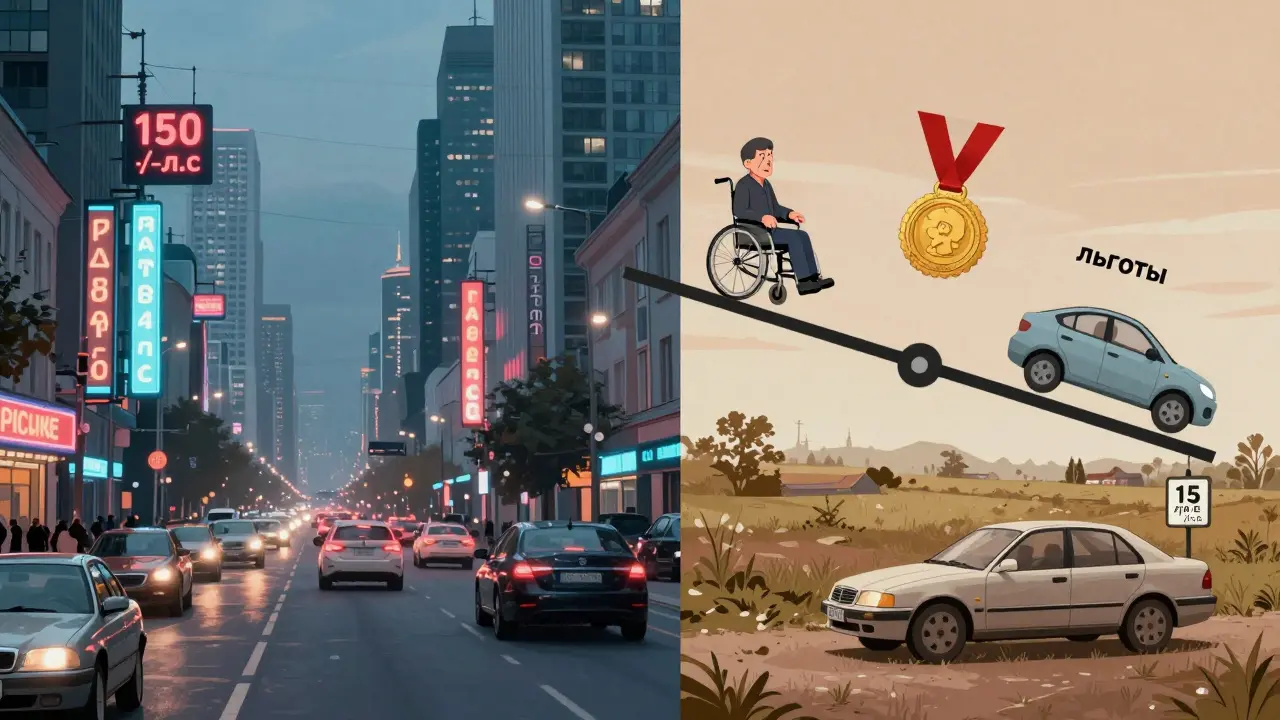 Сравнение транспортного налога в Москве и Оренбурге: город с дорогими машинами и деревня с простым автомобилем на фоне разной ставки налога.