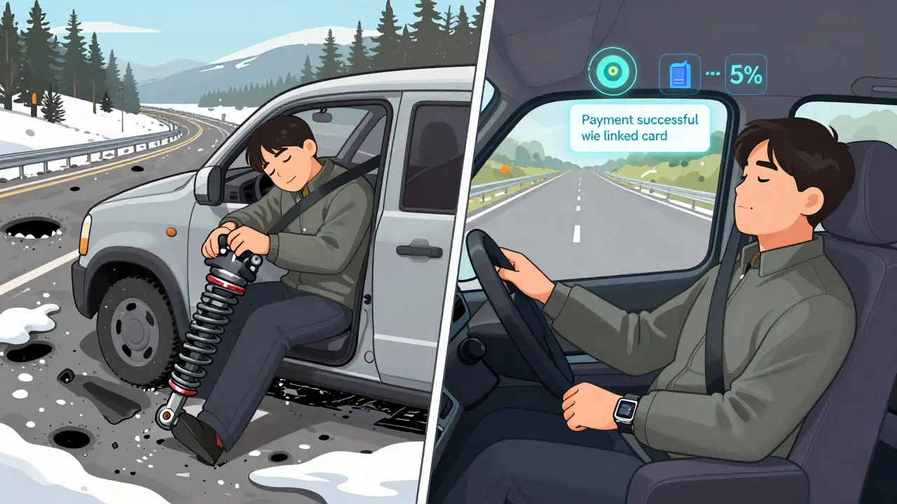 Сравнение: уставший водитель на плохой дороге vs спокойный водитель на гладкой платной трассе с уведомлением об оплате.