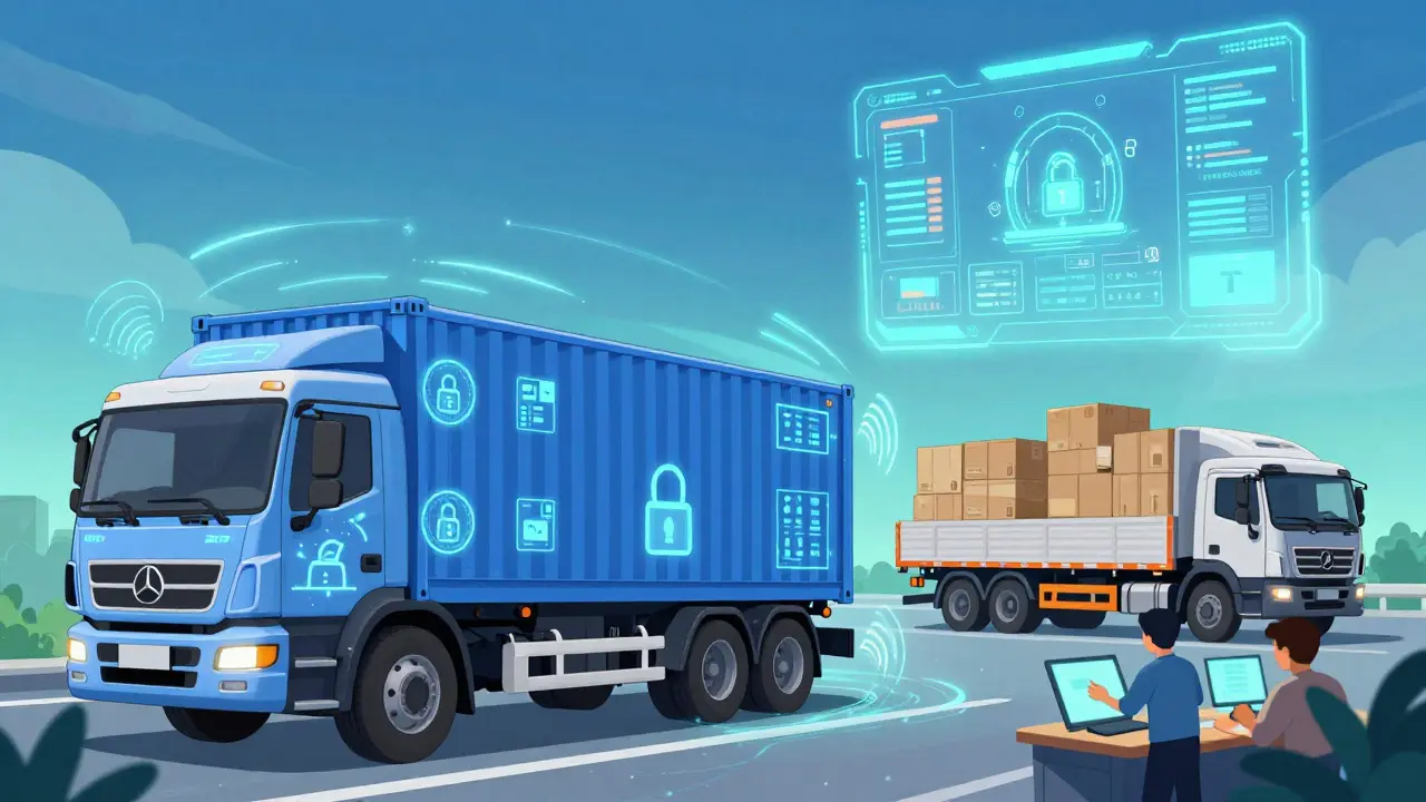 Умный контейнеровоз 2027 года с IoT-датчиками передает данные о состоянии груза в реальном времени на диспетчерский центр.