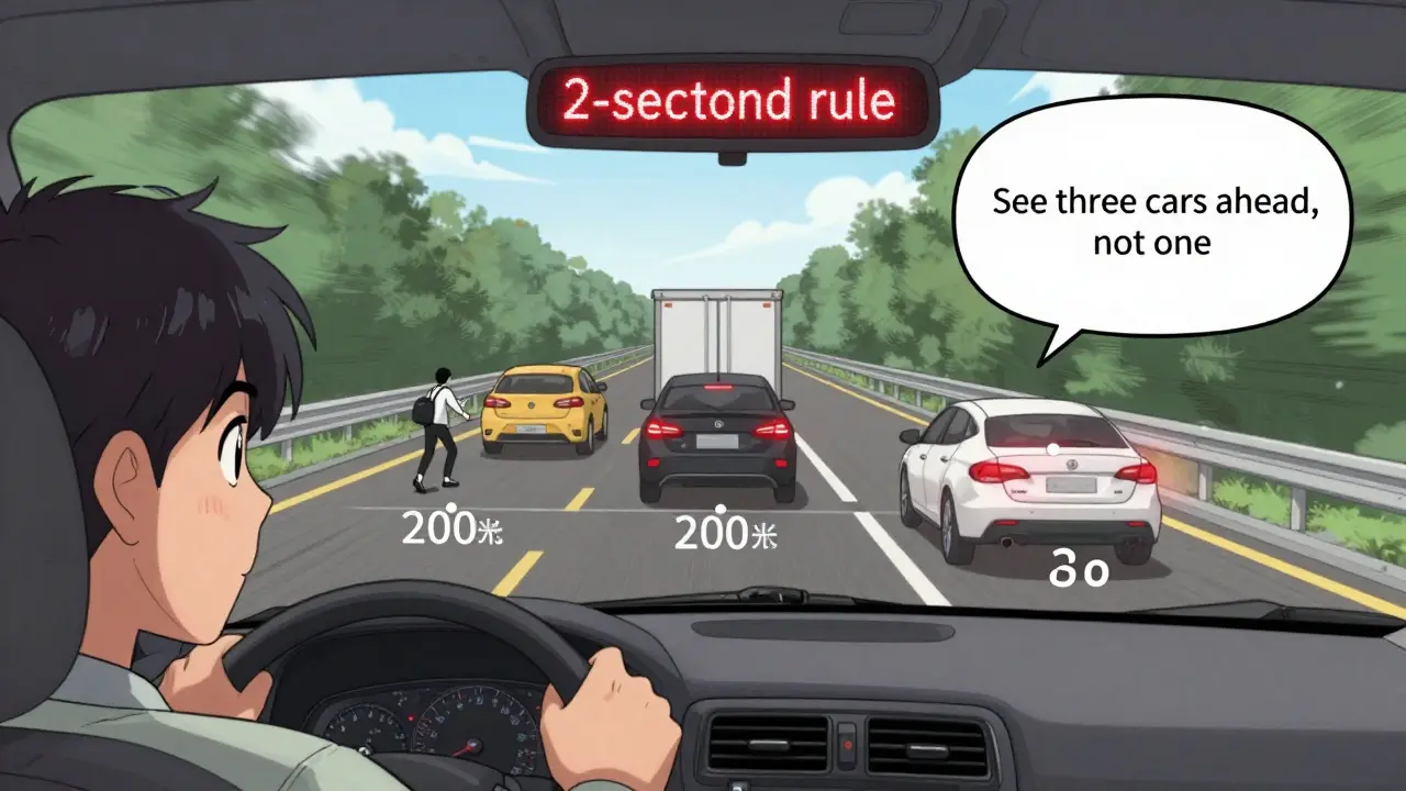 Вид водителя вперёд по дороге: три машины впереди, таймер 2 секунды, движущиеся препятствия, акцент на зрительное восприятие дороги.
