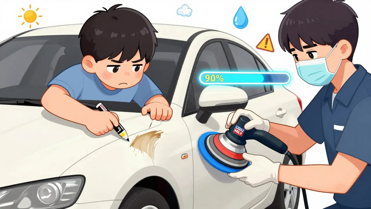 Владелец автомобиля пытается замаскировать царапину карандашом, в то время как профессионал полирует её машинкой.