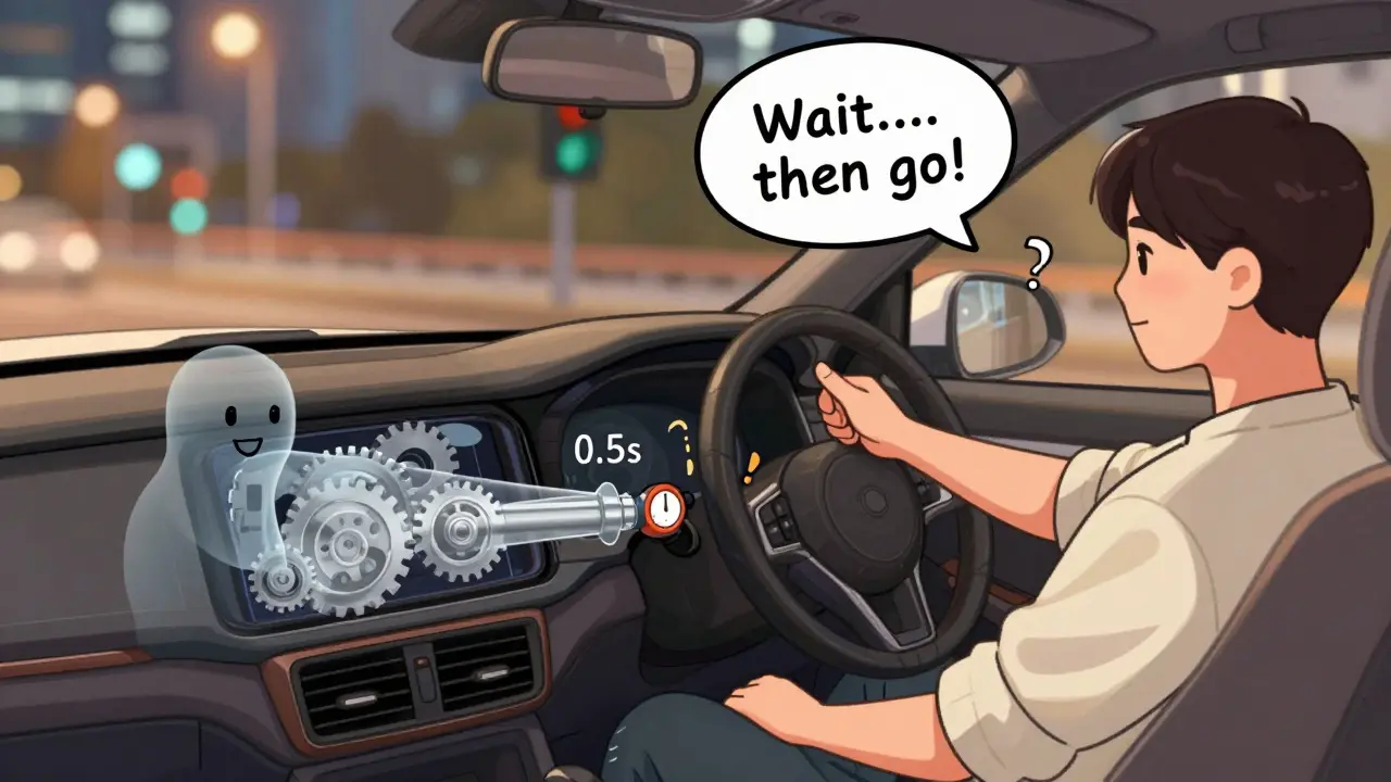 Водитель автоматической машины ожидает зелёного сигнала, в воздухе визуализирована задержка переключения передач.