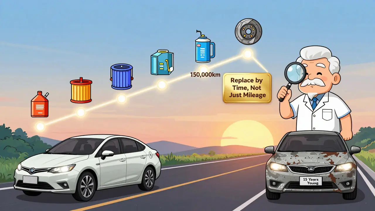 Временная шкала обслуживания автомобиля с ключевыми пунктами и мудрым механиком.