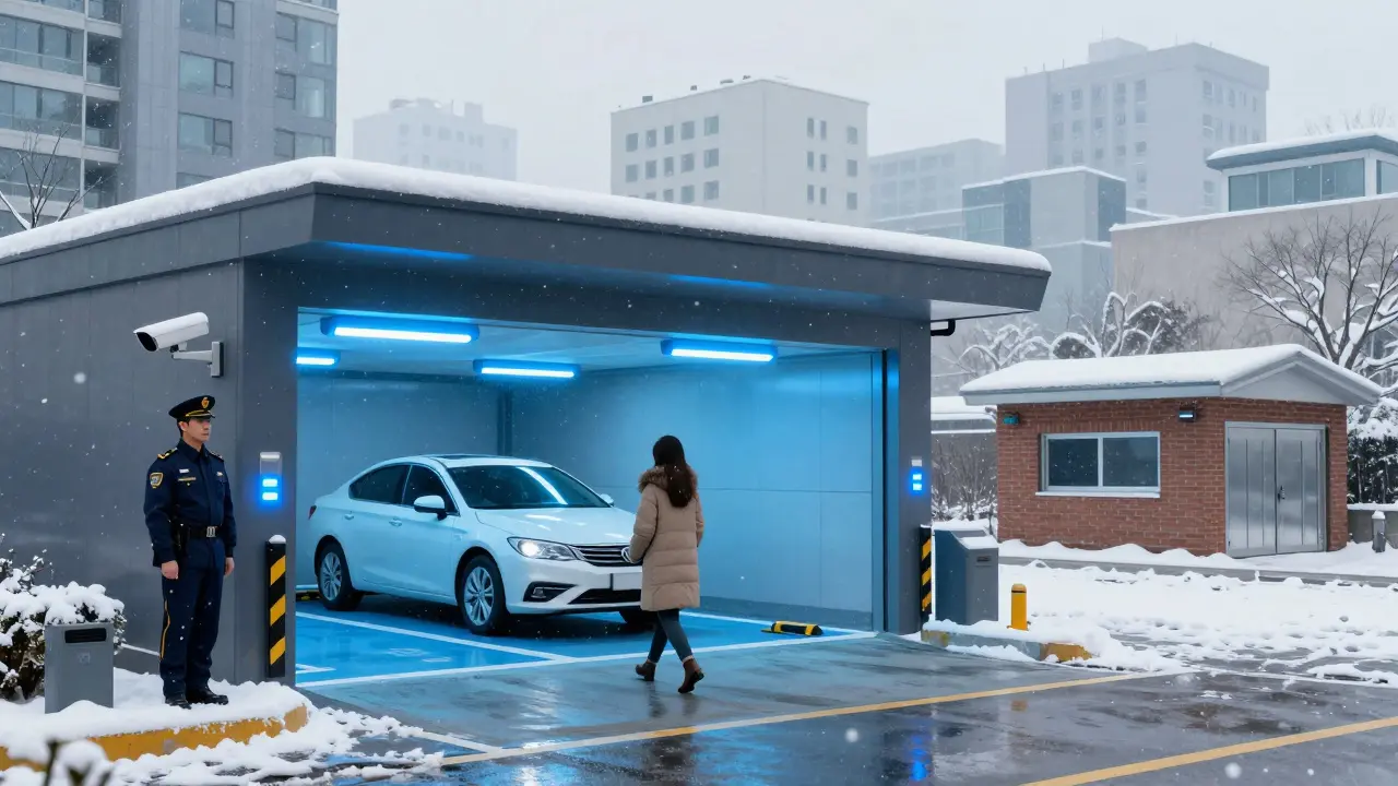 Женщина идет к машине в охраняемом паркинге с подогревом пола, за спиной — снежный город и удаленные гаражи.