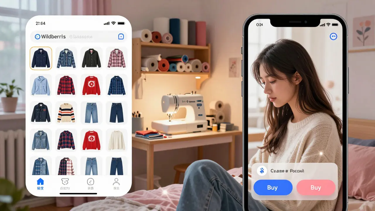 Женщина покупает одежду на маркетплейсе, за ней — домашняя мастерская с российскими изделиями.