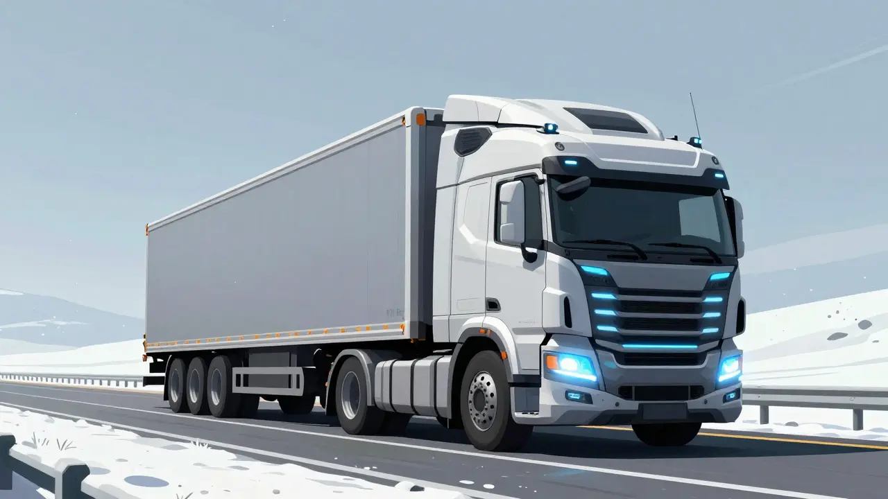Беспилотный грузовик едет по заснеженной российской трассе