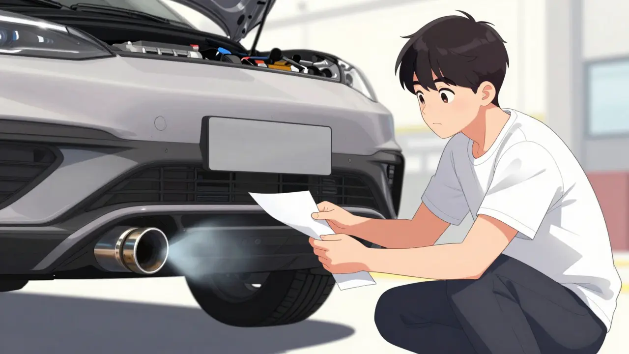 Человек проверяет выхлоп автомобиля с помощью белого листа бумаги