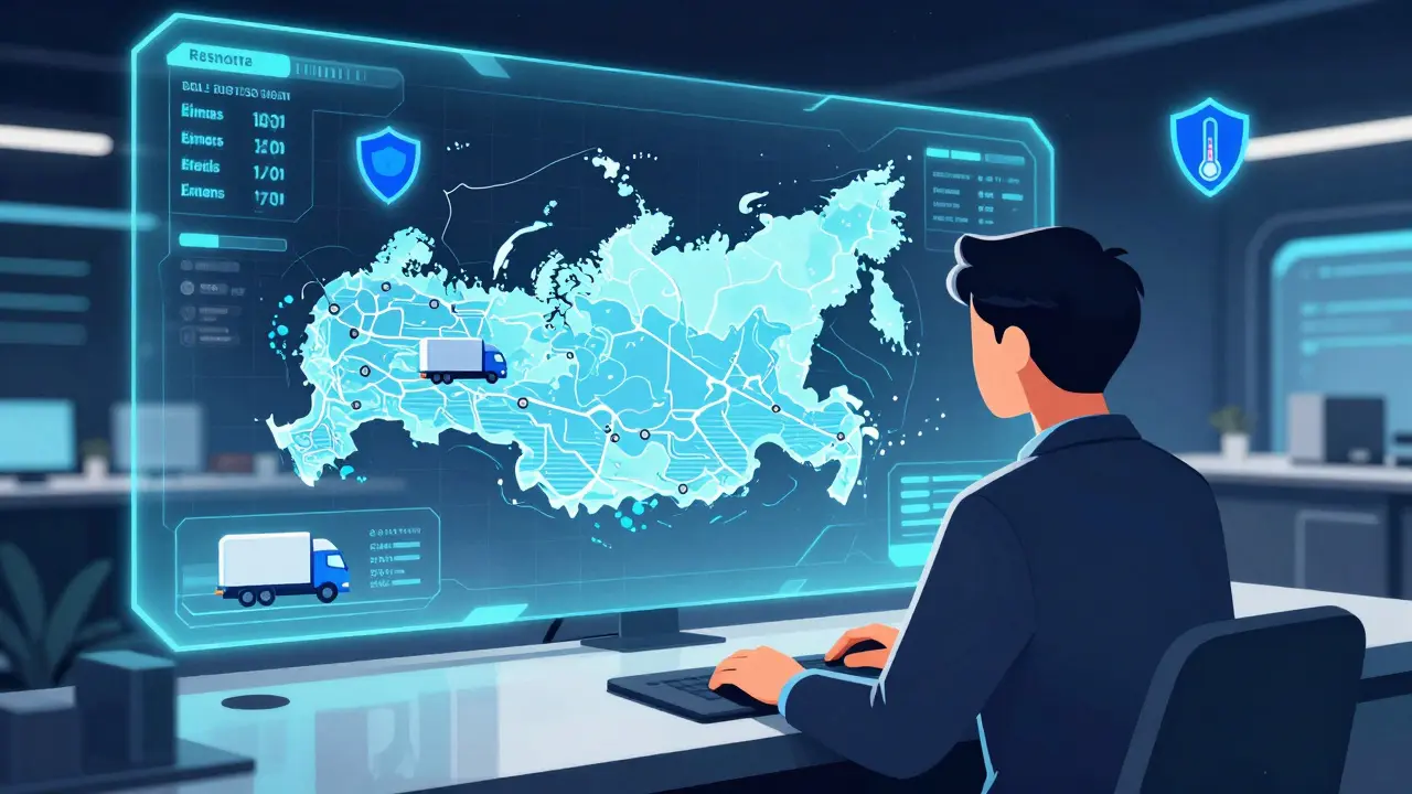 Диспетчер отслеживает температуру грузов в реальном времени с помощью IoT-сенсоров.