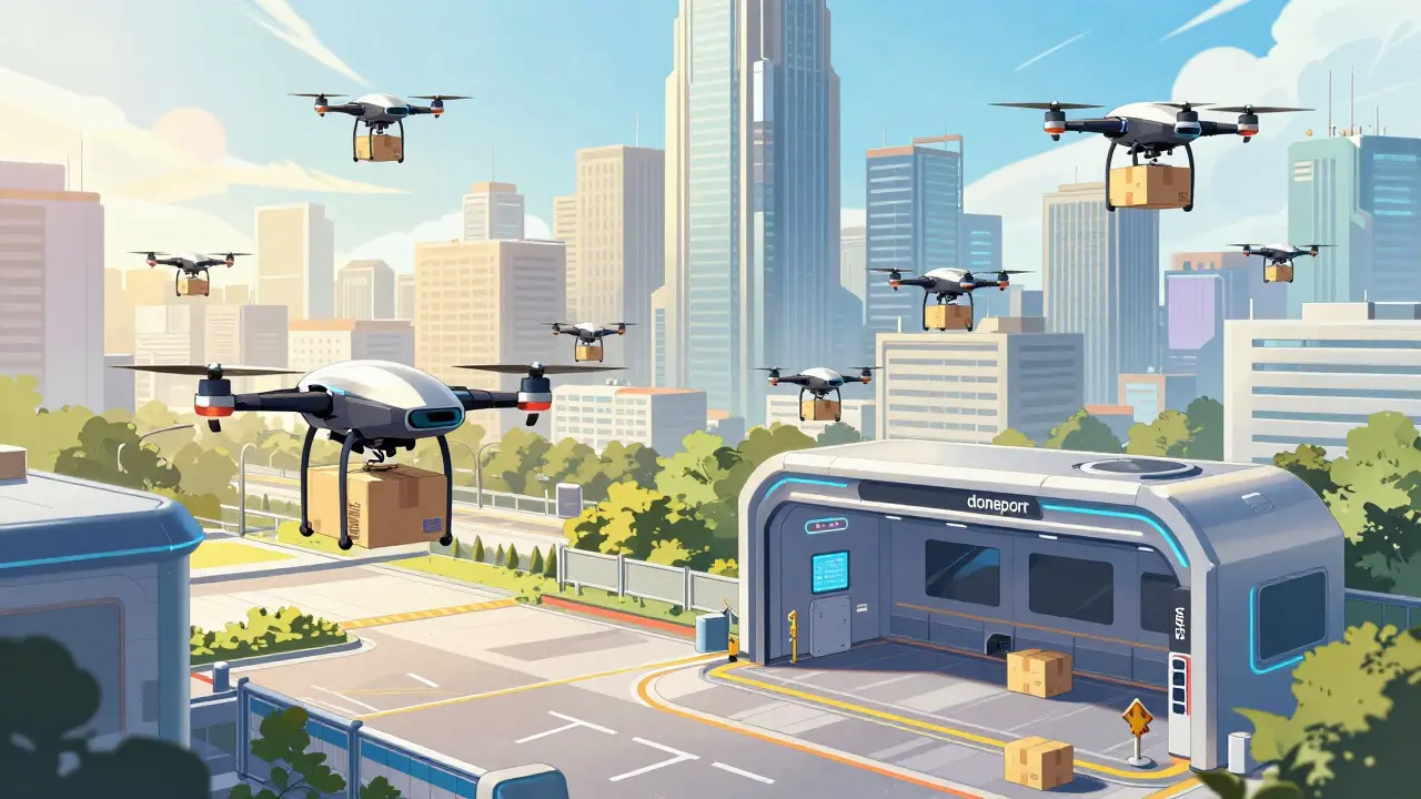 Дроны доставляют посылки и приземляются на современном дронопорте