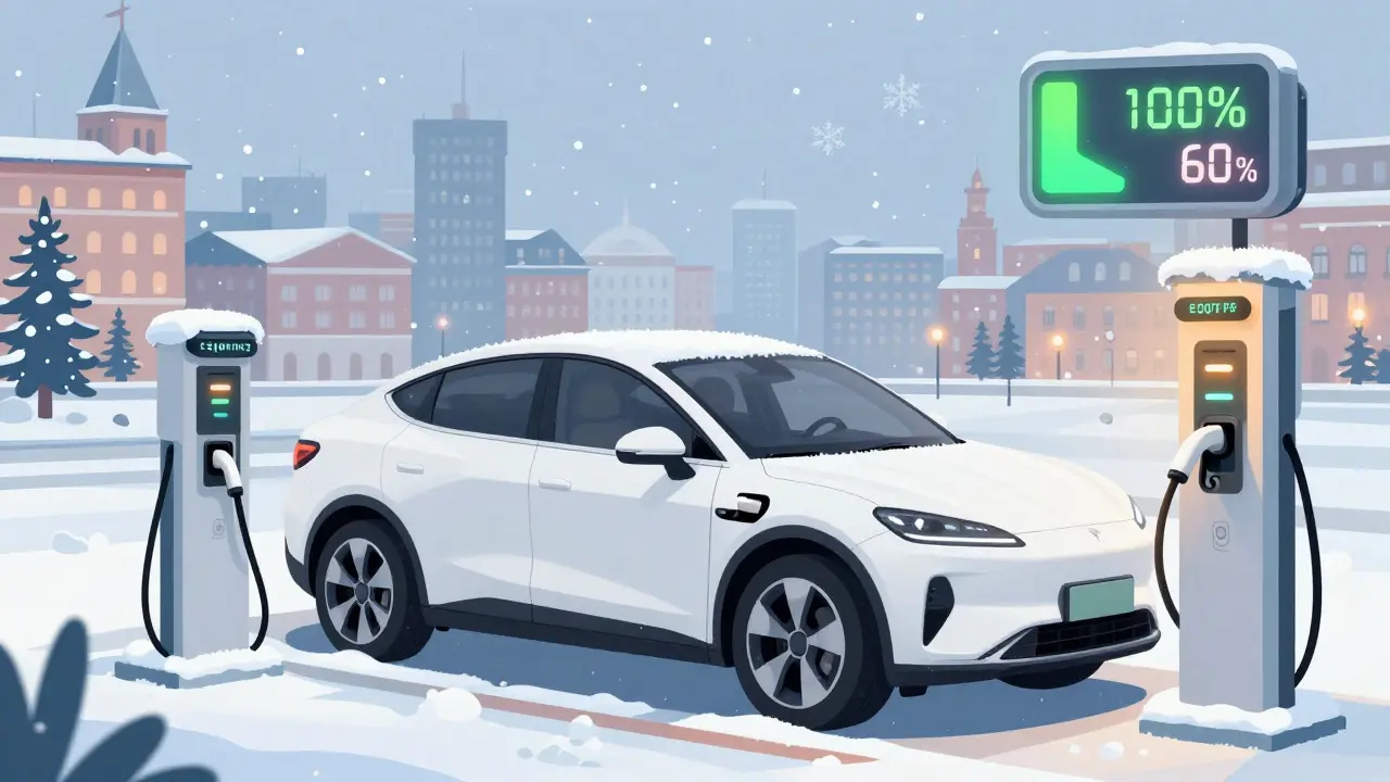 Электромобиль на зарядке в зимнем городе с падением уровня заряда