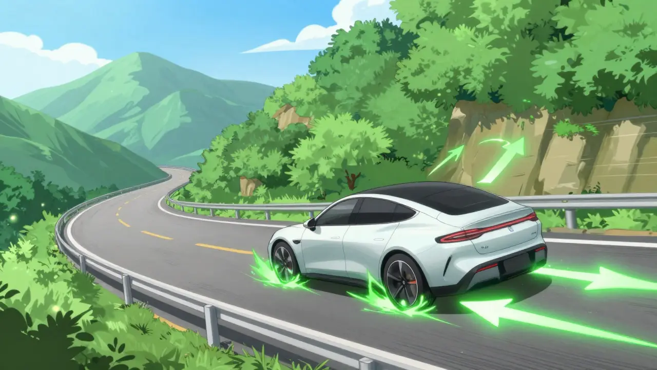 Электромобиль спускается по горному серпантину, эффективно заряжая аккумулятор