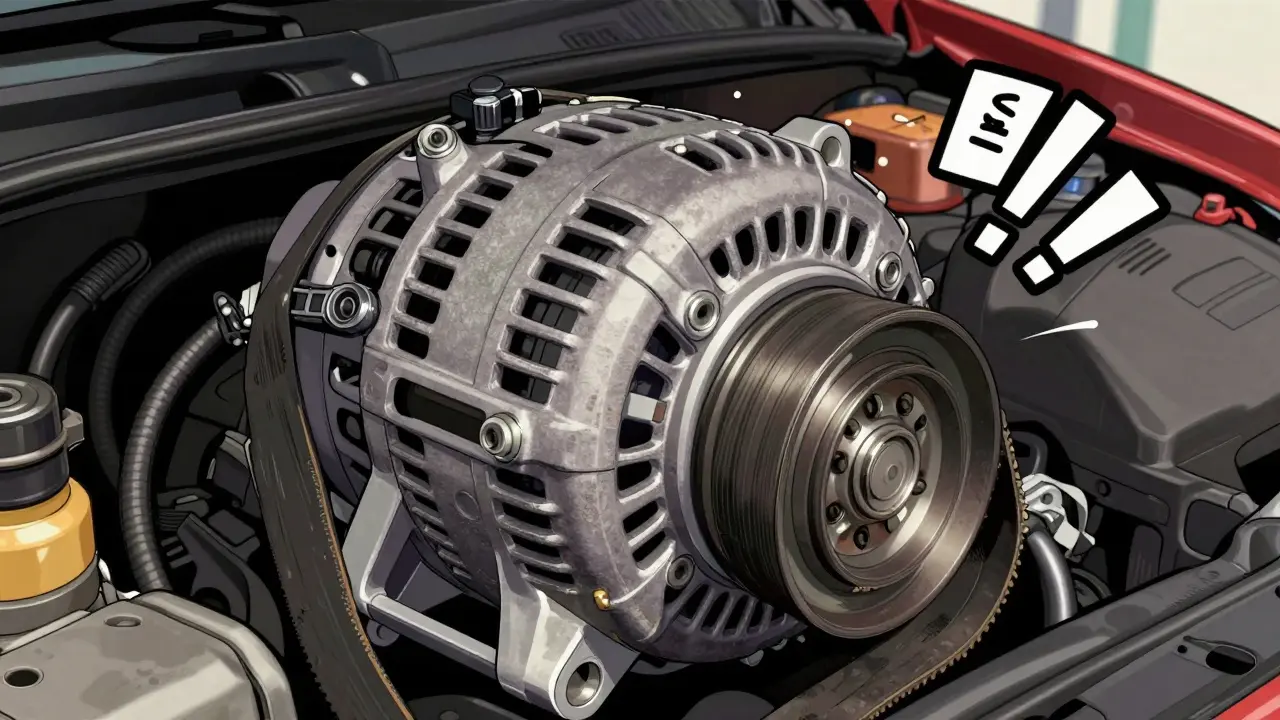 Изношенный ремень генератора под капотом автомобиля в стиле вебтуна