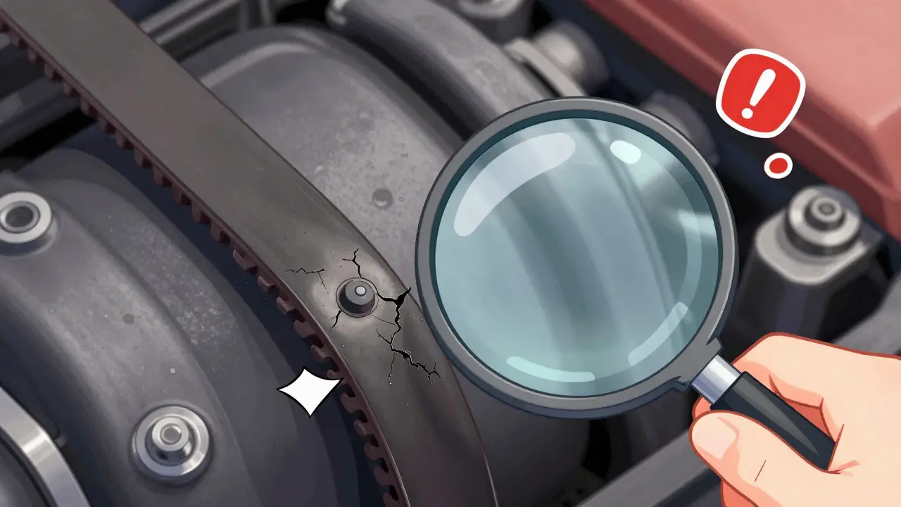 Крупный план изношенного ремня ГРМ с трещинами и поврежденными зубьями