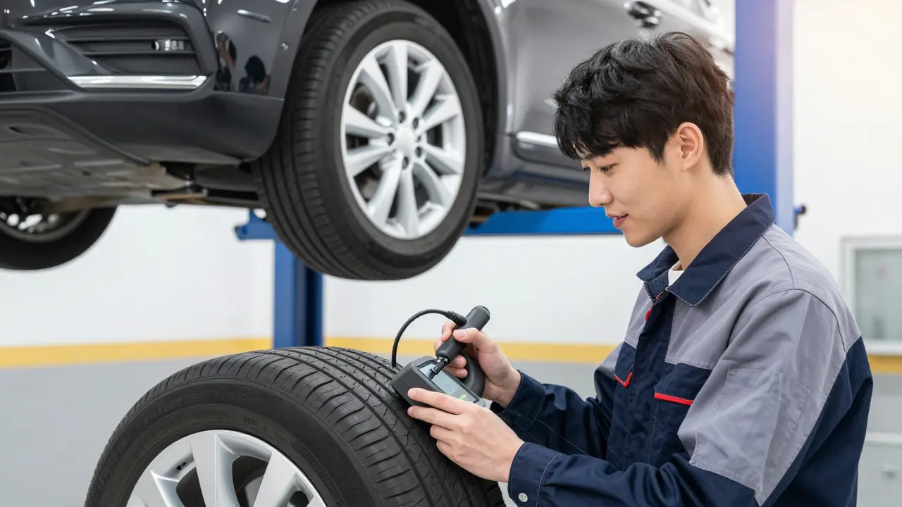 Механик в сервисе программирует датчик давления в шинах с помощью специального устройства