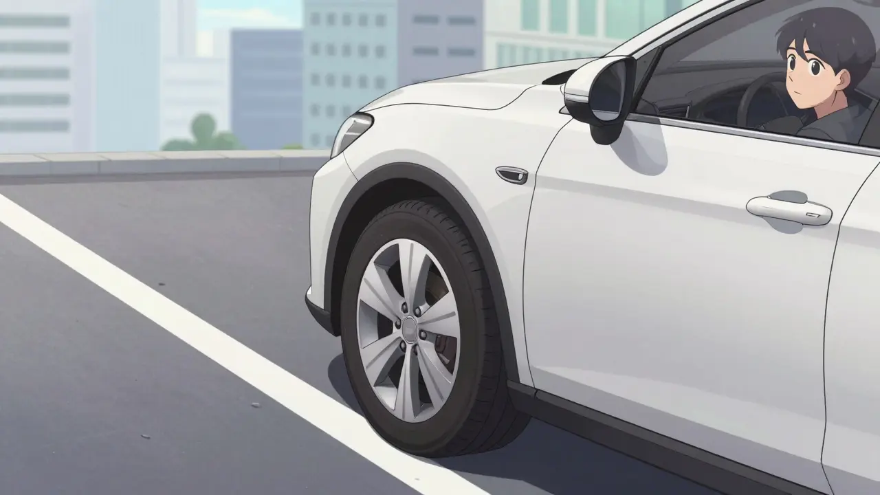 Переднее колесо автомобиля повернуто к бордюру на склоне в стиле вебтуна