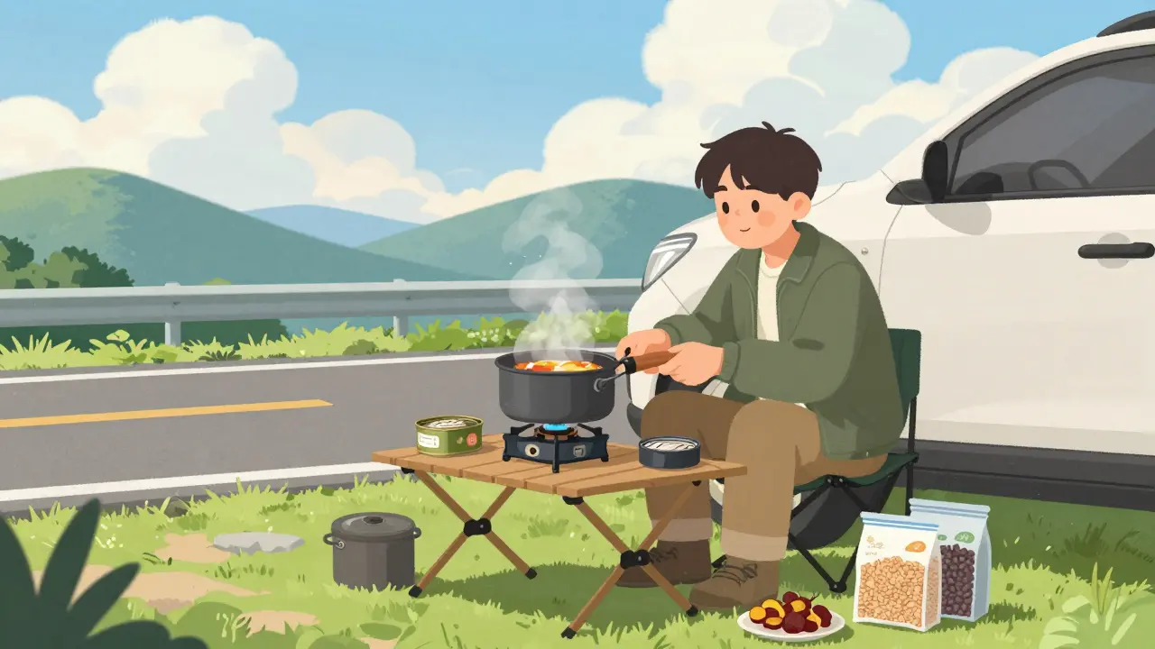 Приготовление еды на портативной газовой горелке во время остановки в пути