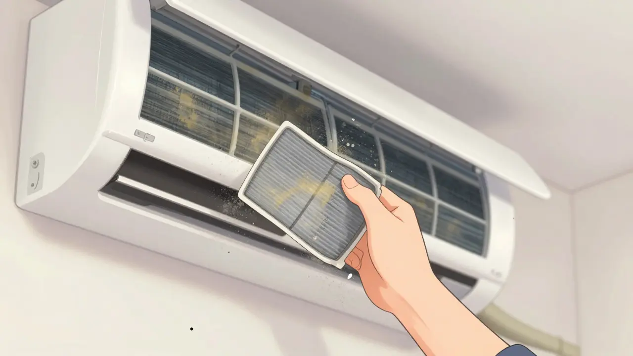 Процесс очистки пыльного фильтра кондиционера в стиле вебтуна.