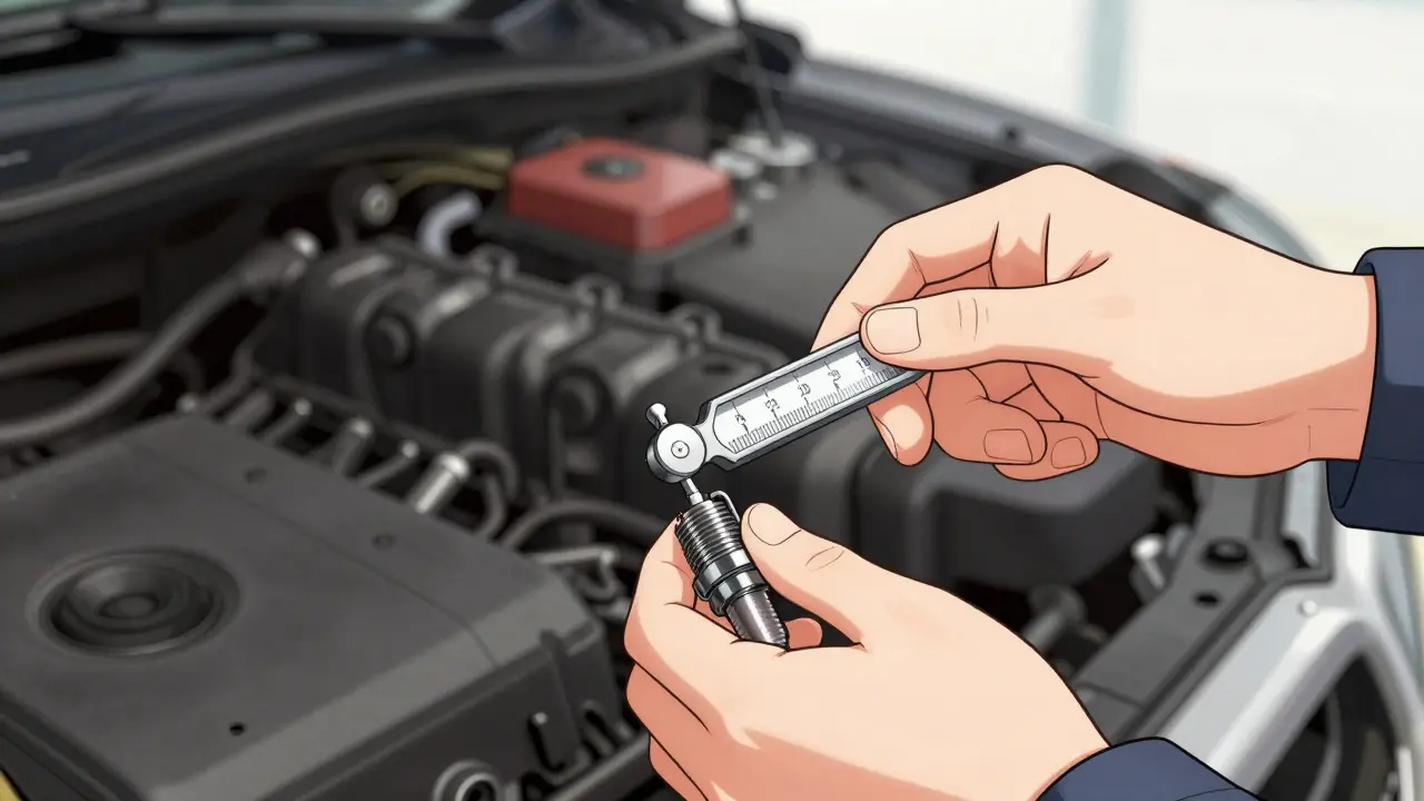 Проверка зазора свечи зажигания с помощью щупа.