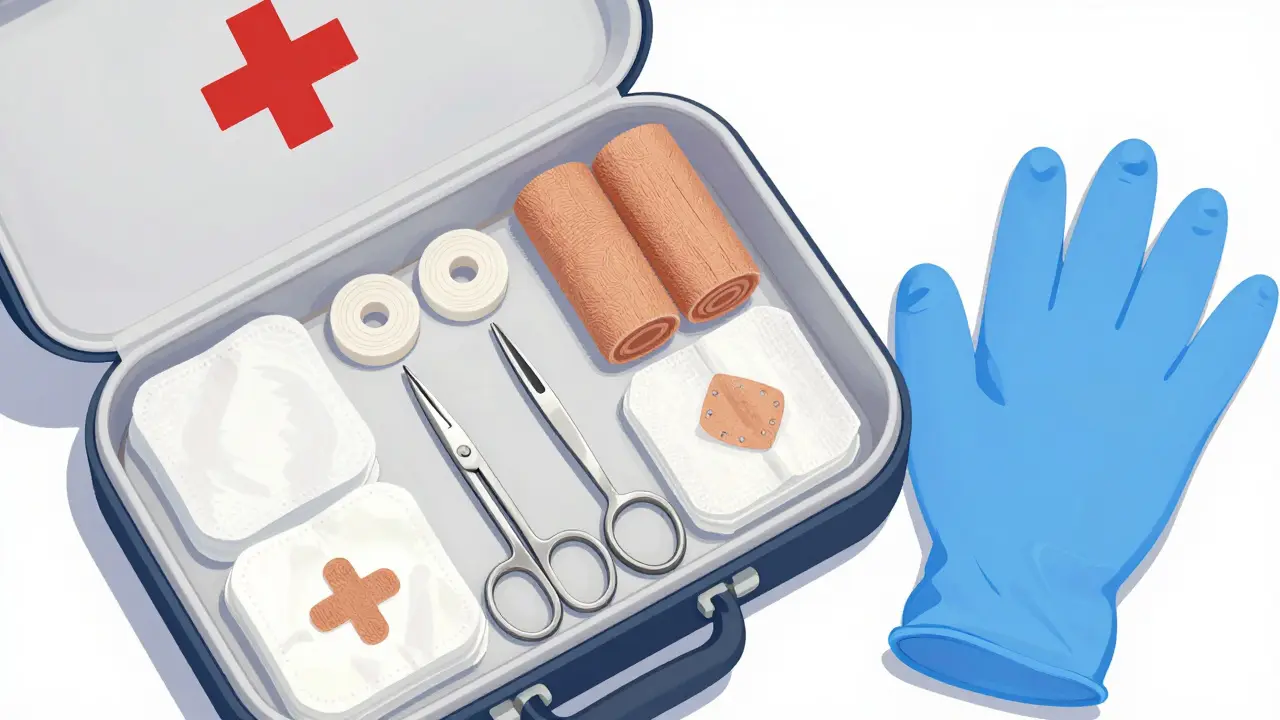 Раскрытая автомобильная аптечка с бинтами, жгутами и медицинскими инструментами