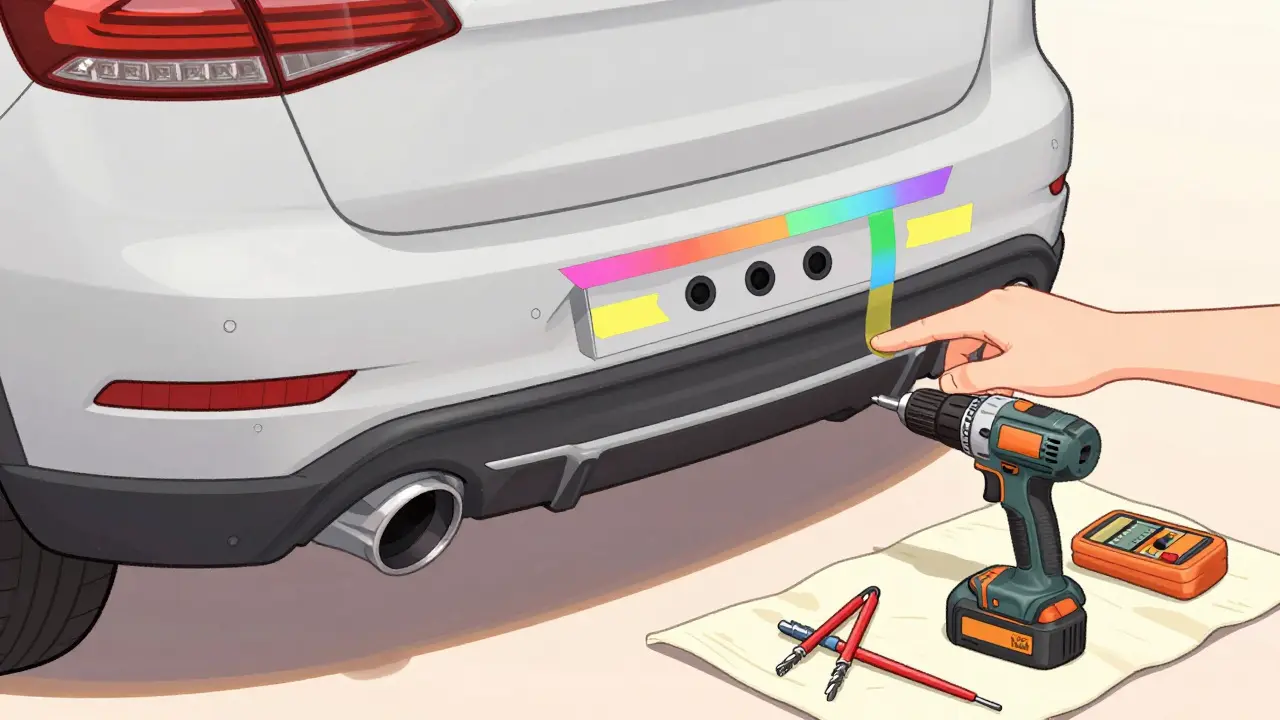 Разметка бампера малярным скотчем и набор инструментов для установки