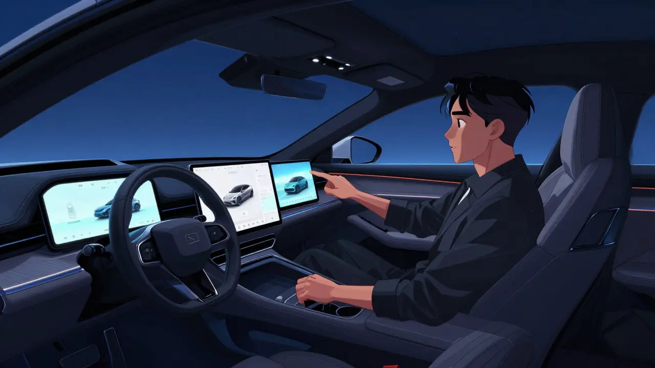 Роскошный интерьер современного электрокара с большими экранами