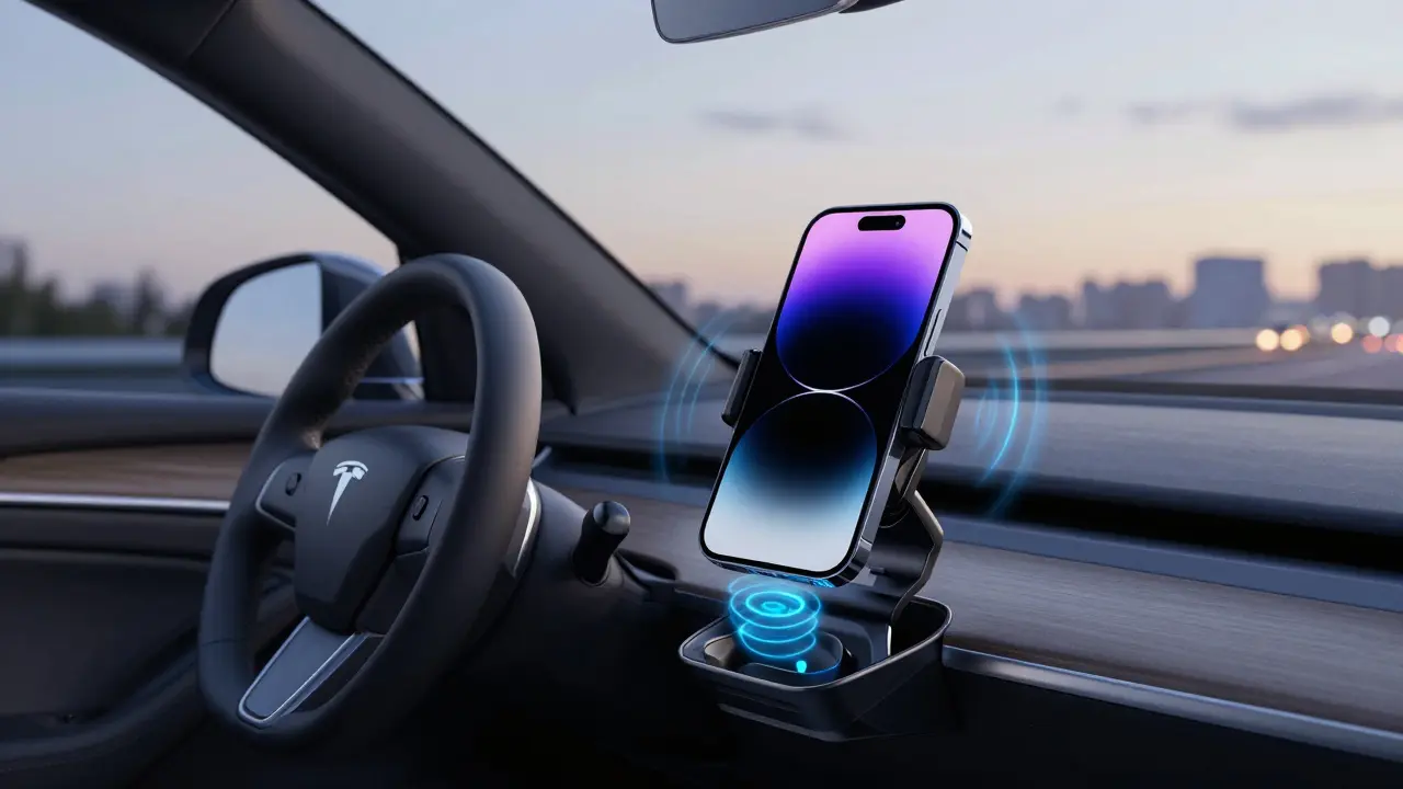 Смартфон в современном держателе с автоматическими зажимами и беспроводной зарядкой