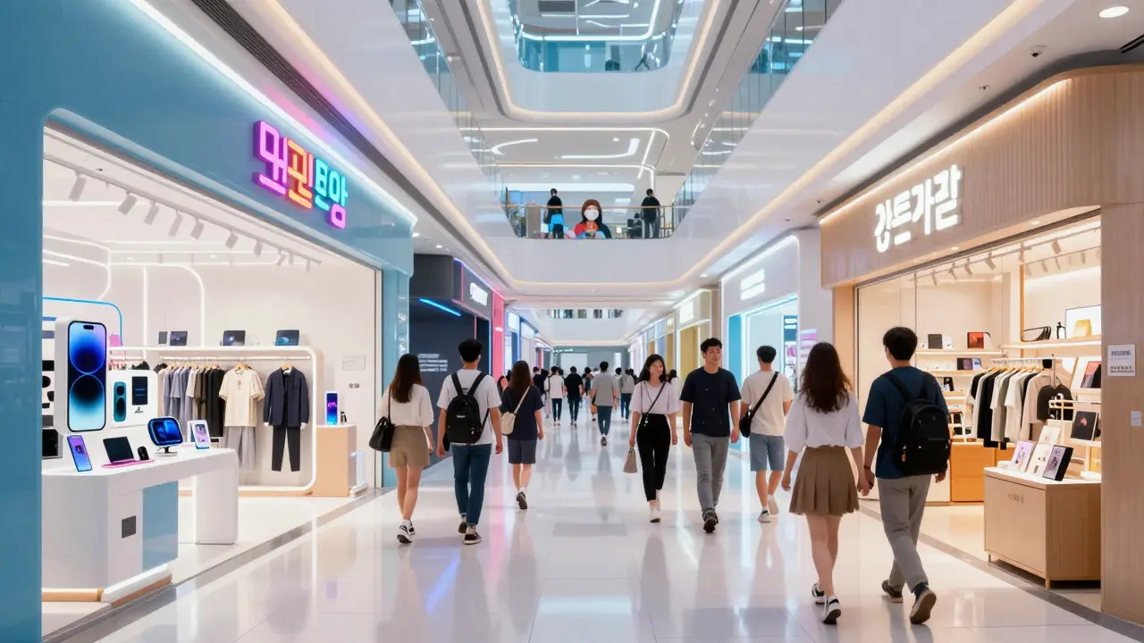 Современный торговый центр с новыми азиатскими брендами и покупателями в стиле вебтуна