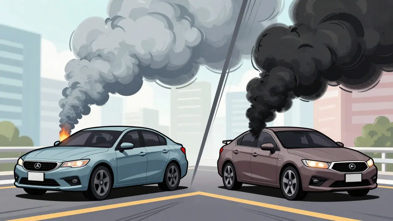 Сравнение голубоватого дыма от масла и черного дыма от переобогащенной смеси