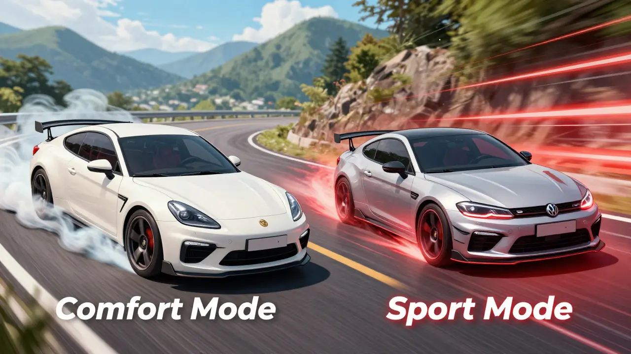 Сравнение наклона кузова автомобиля в режимах Комфорт и Спорт в повороте