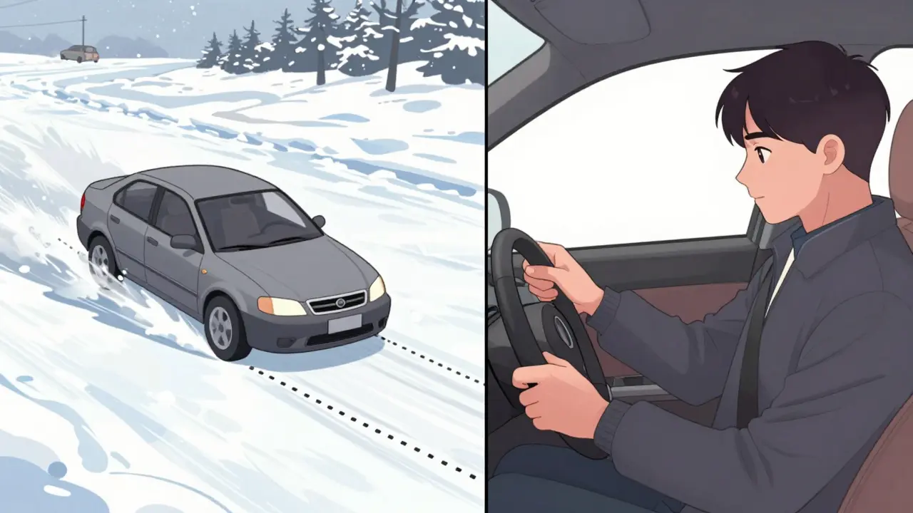 Сравнение резкого и плавного поворота руля на скользкой дороге