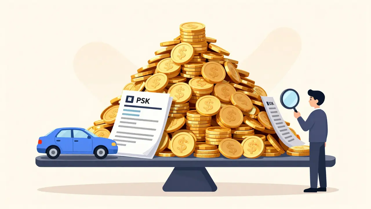 Сравнение стоимости автомобиля и огромной суммы переплаты по кредиту на весах