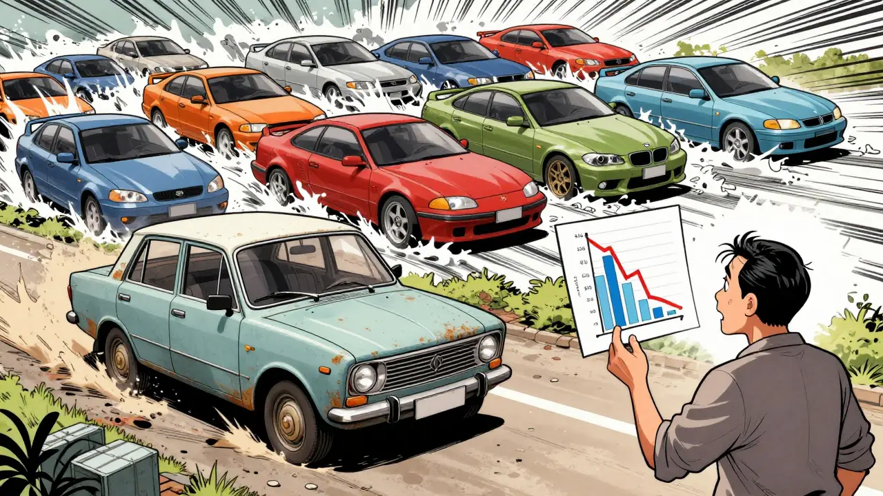 Старый советский автомобиль на фоне наплыва современных иномарок 90-х.