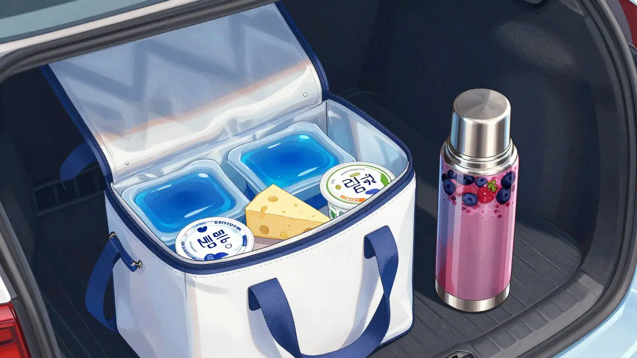 Термосумка с охлаждающими аккумуляторами и термос с напитком в машине