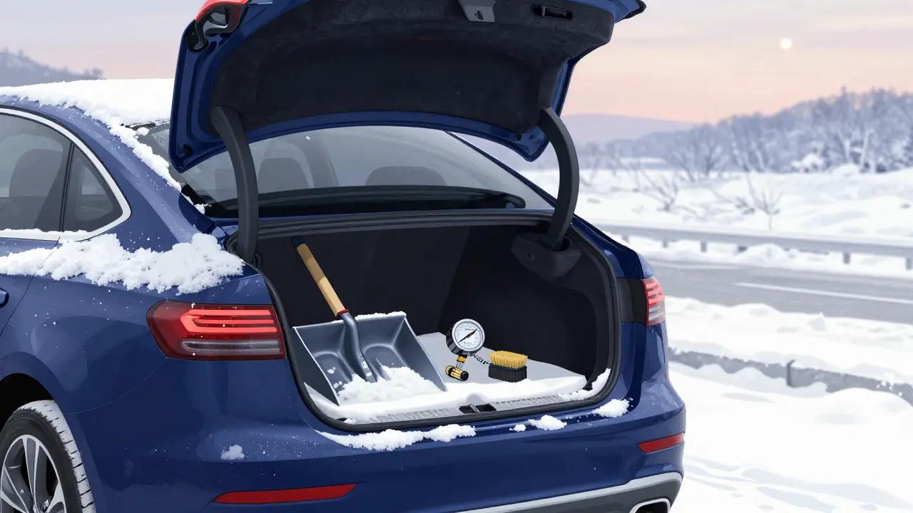 Зимний набор водителя с лопатой и щеткой в багажнике автомобиля