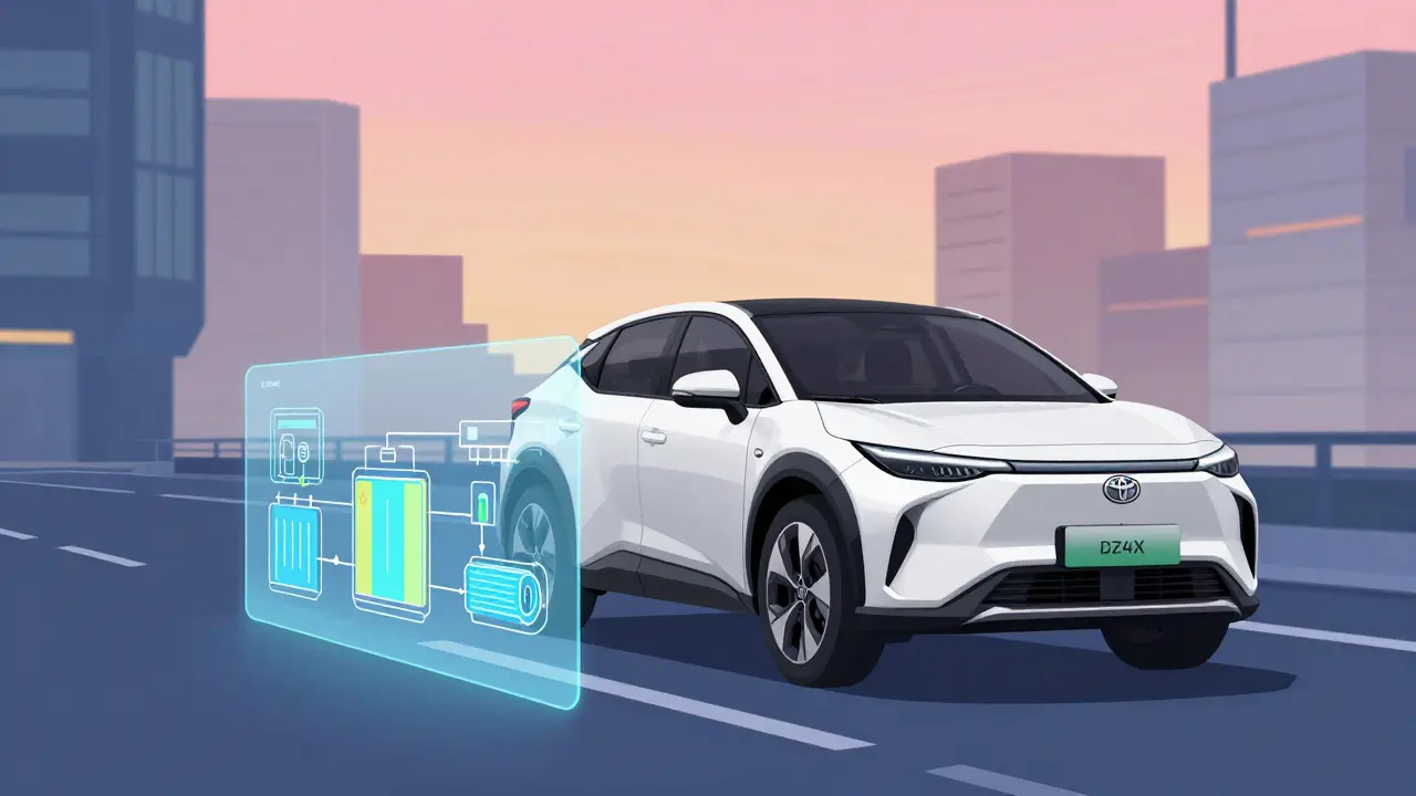 Футуристичный электромобиль Toyota bZ4X на фоне города с схемой гибридной системы