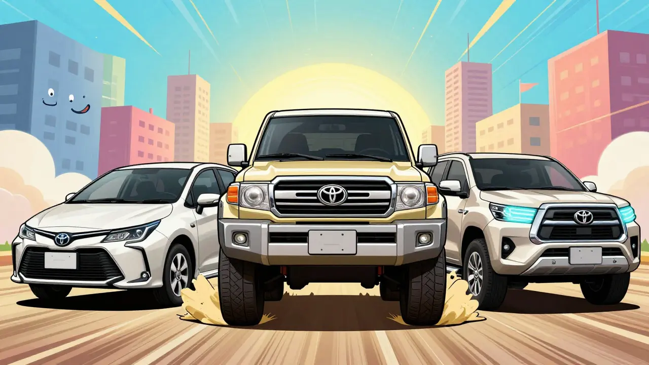Героическая композиция легендарных автомобилей Toyota: Land Cruiser, Corolla, Prius и Hilux