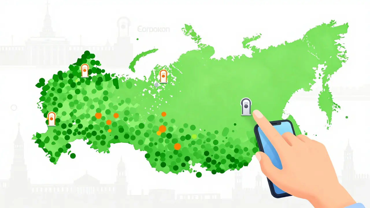 Стилизованная карта России с маркерами зарядных станций, показывающая неравномерное распределение инфраструктуры