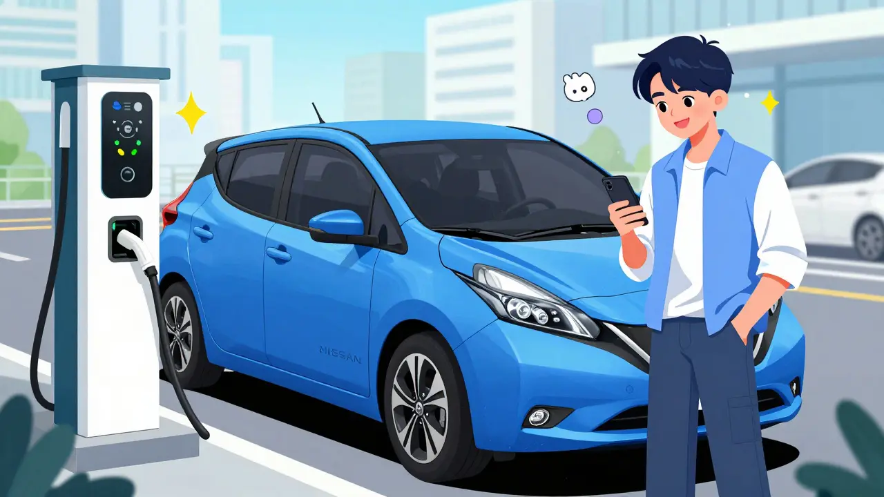 Электромобиль Nissan Leaf на зарядке в стиле вебтуна