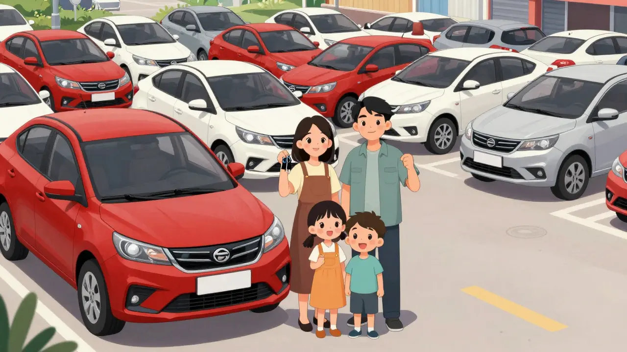 Семья с новой LADA Granta на фоне автопарка
