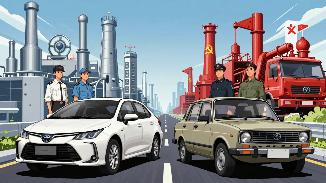 Японские и советские автомобили с заводами на фоне