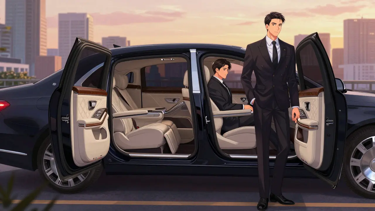 Роскошный Maybach с открытыми дверями и довольным VIP-пассажиром
