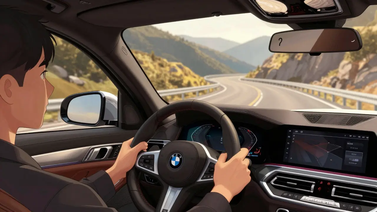 Руки водителя за рулем люксового BMW на горной дороге в стиле корейской иллюстрации