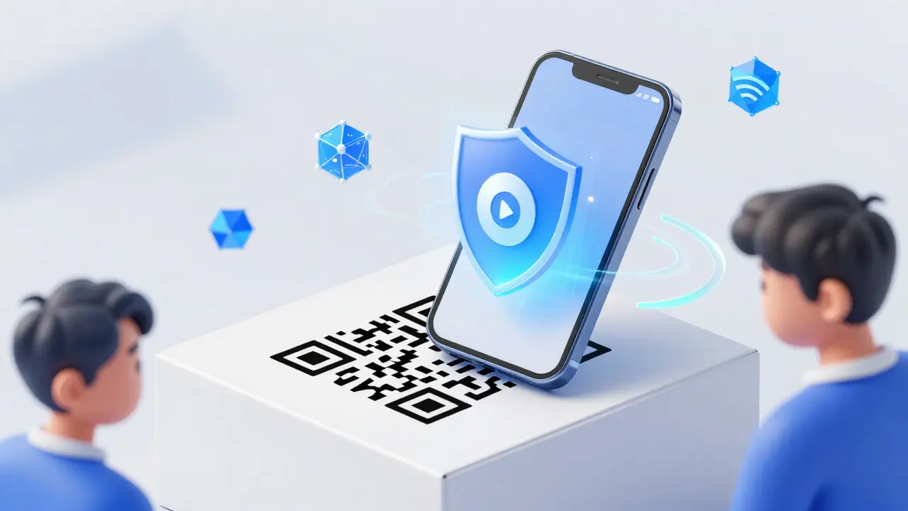 Смартфон сканирует QR-код на коробке с защитным голографическим щитом