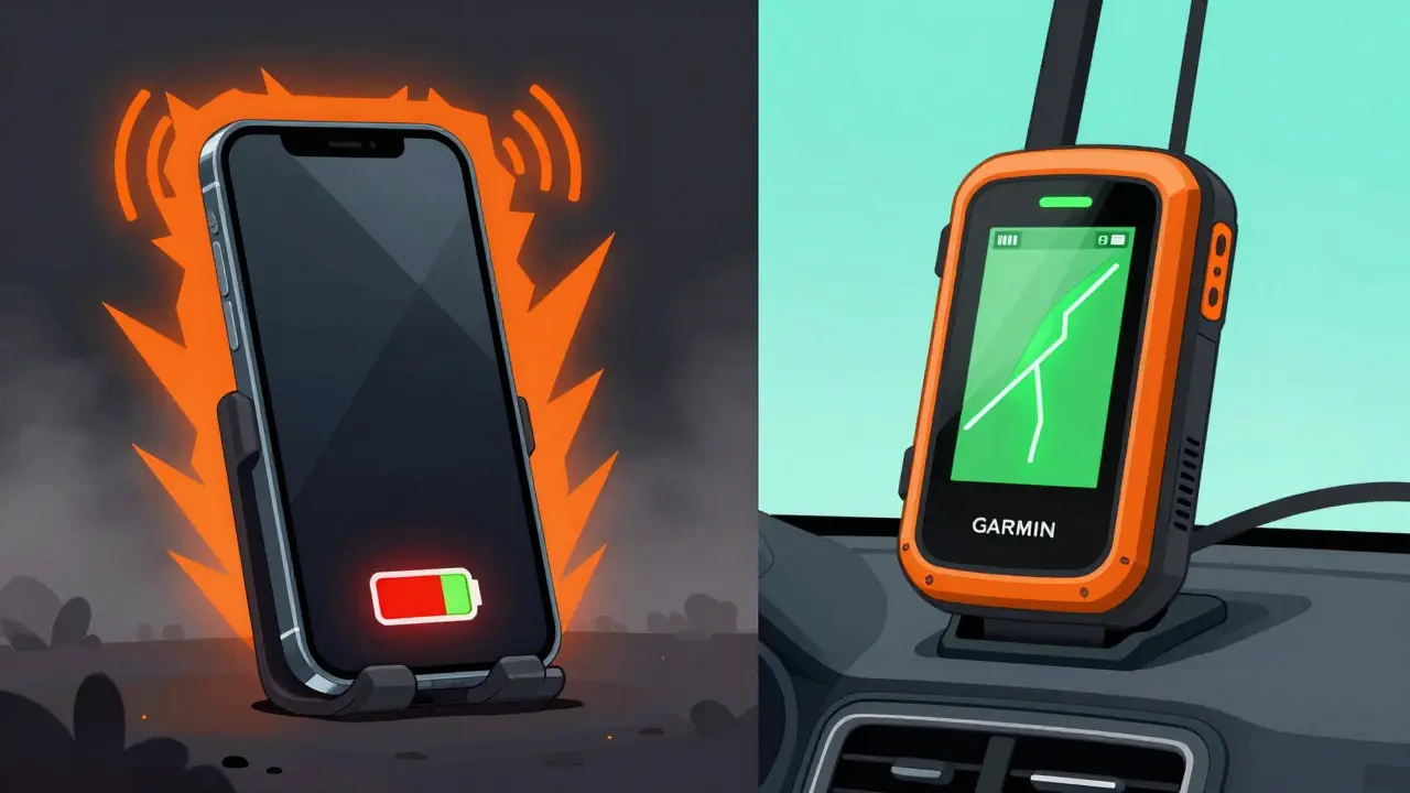 Сравнение смартфона и GPS-навигатора по надежности, иллюстрация в стиле вебтуна